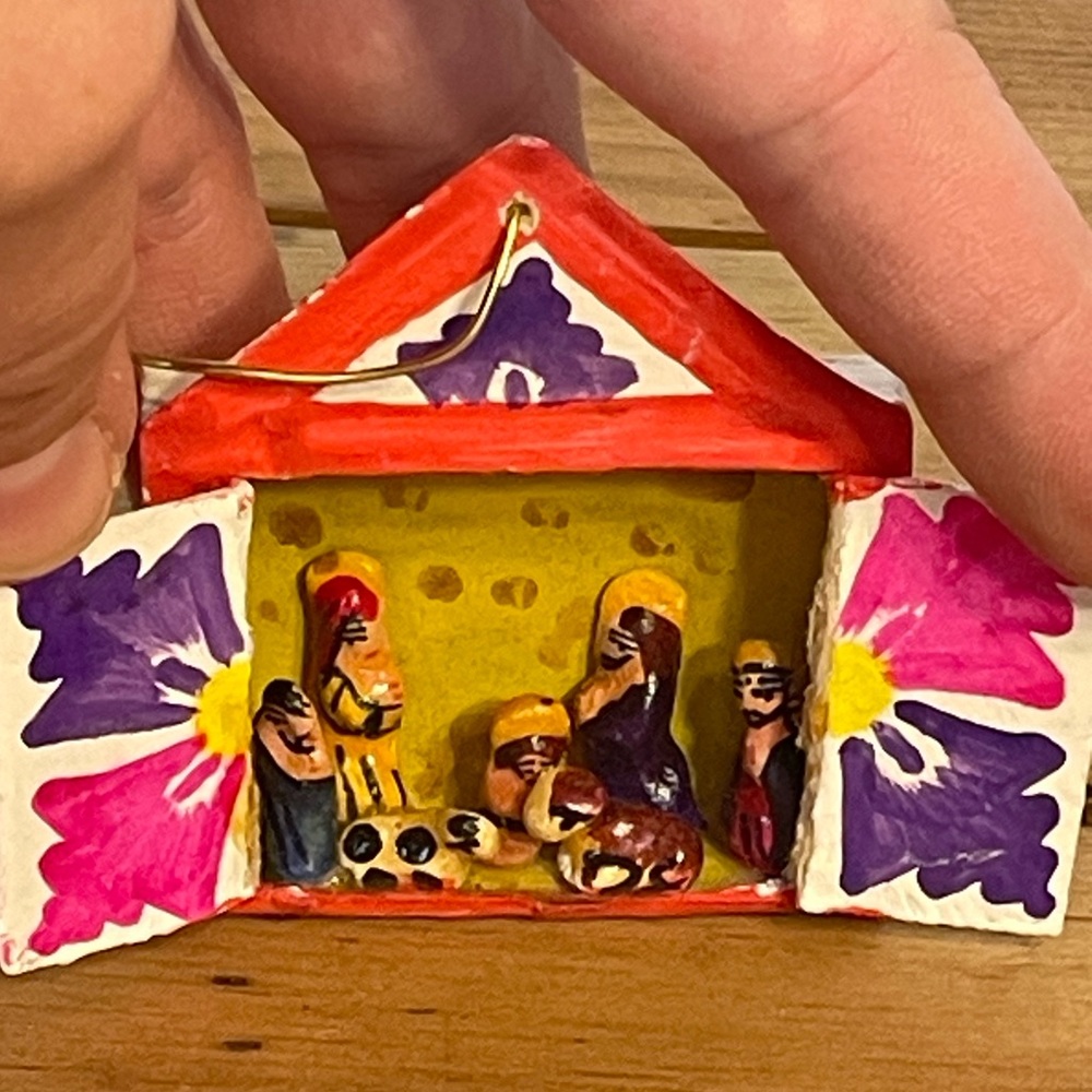 Vintage Peruvian Retablo Nativity Scene Hand Painted Folk Art Match Box Diorama